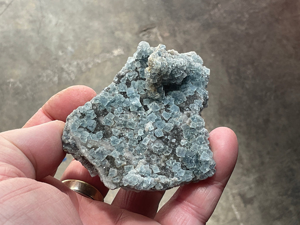 164g Teal Sugar Cubic Fluorite on Druzy Chalcedony Specimen 4A