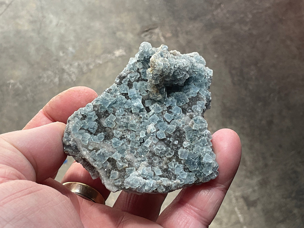 164g Teal Sugar Cubic Fluorite on Druzy Chalcedony Specimen 4A