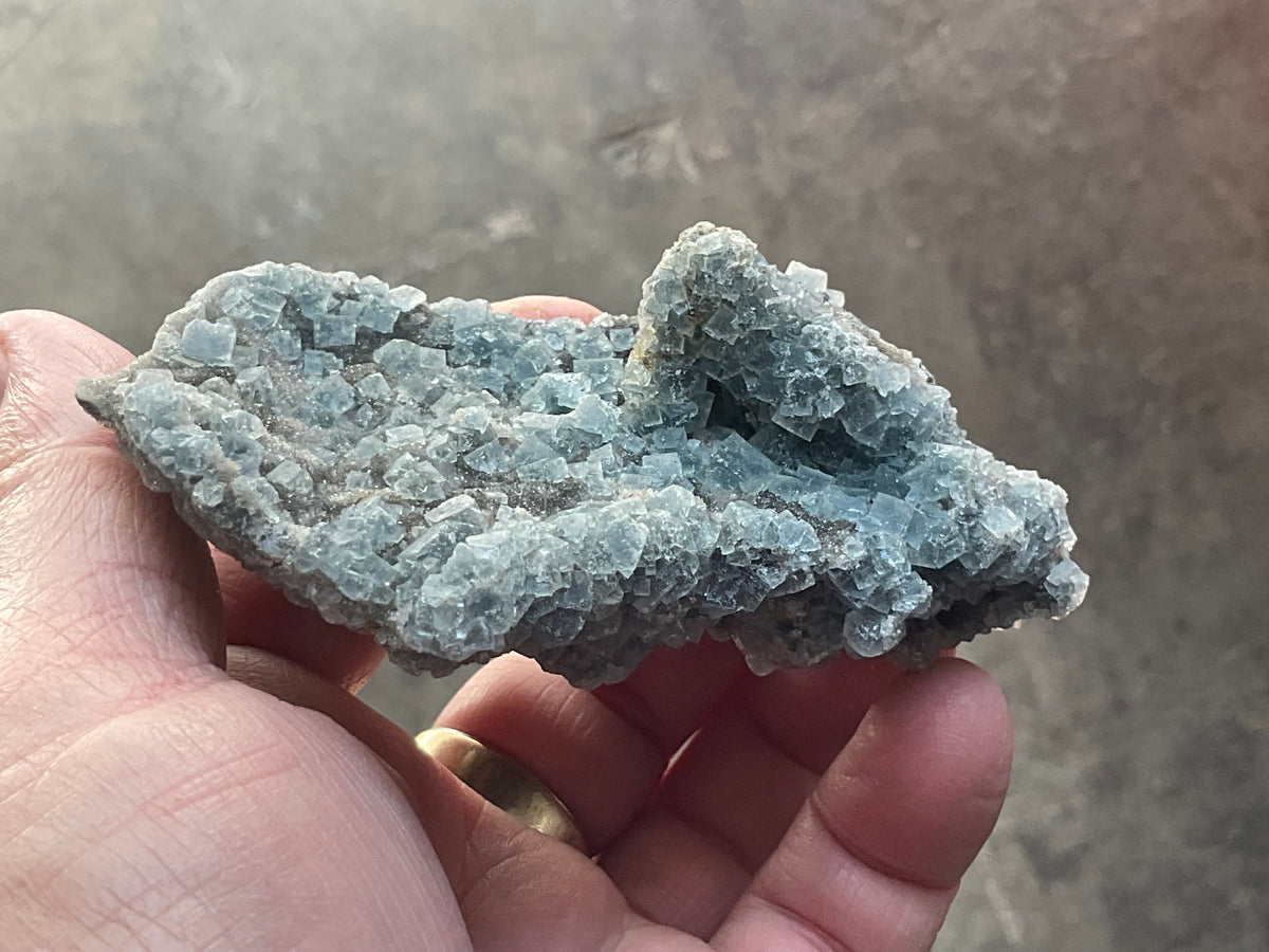 164g Teal Sugar Cubic Fluorite on Druzy Chalcedony Specimen 4A