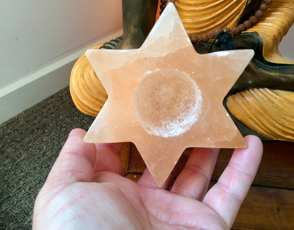 515g Orange/Peach Selenite Star Tea Light Candle Holder A