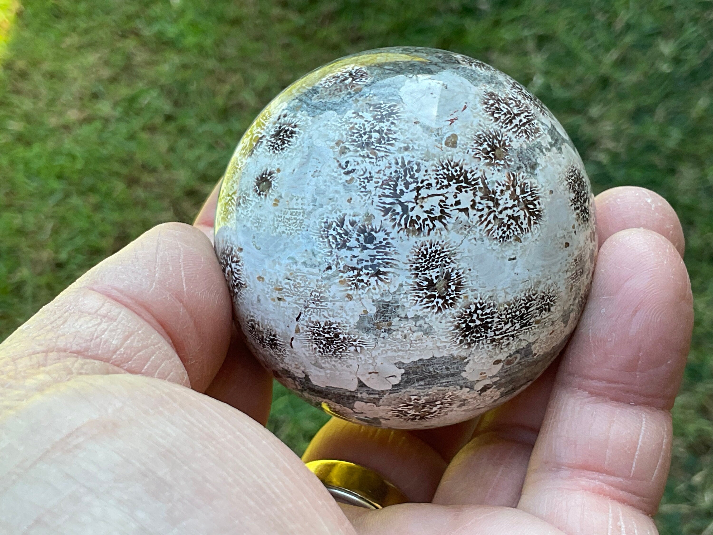217g Green Cherry Blossom Jasper Sphere 3A