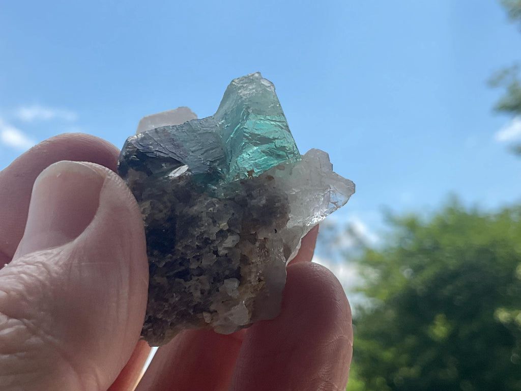 52g Etched Photochromic Fluorite on Clear Candle Quartz Cluster from the Erongo Mountains, Namibia