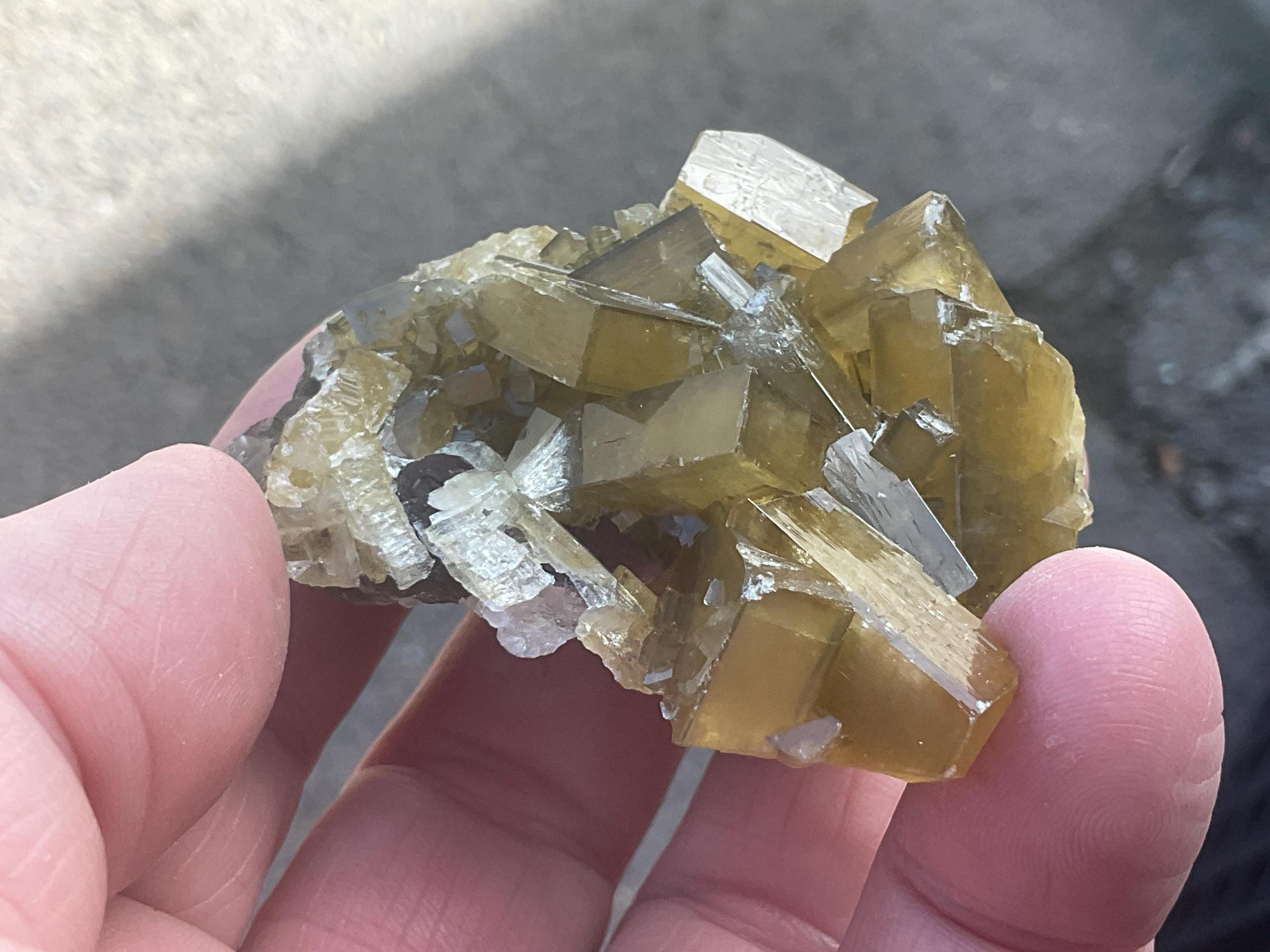 90g Tabular Golden Baryte on Botryoidal Fluorite Specimen 1B from Jiangxi