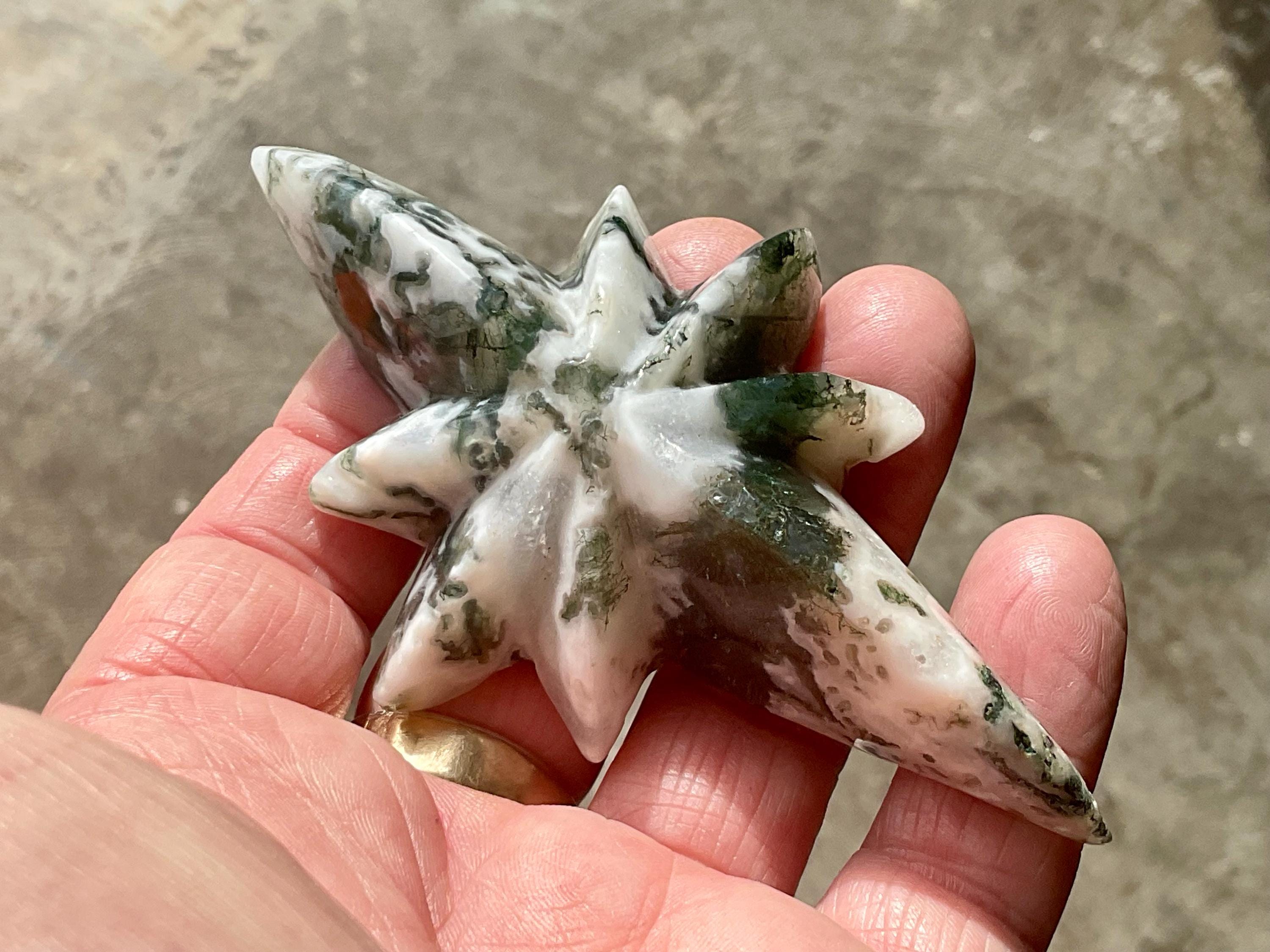 82g Moss Agate Polaris Carving with stand 1A