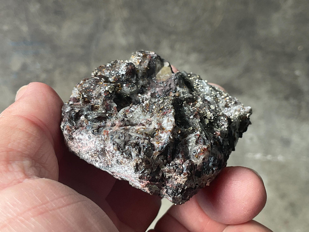 100g Pyrite encrusted Calcite on Limonite Quartz Specimen 4B from Fujian, China