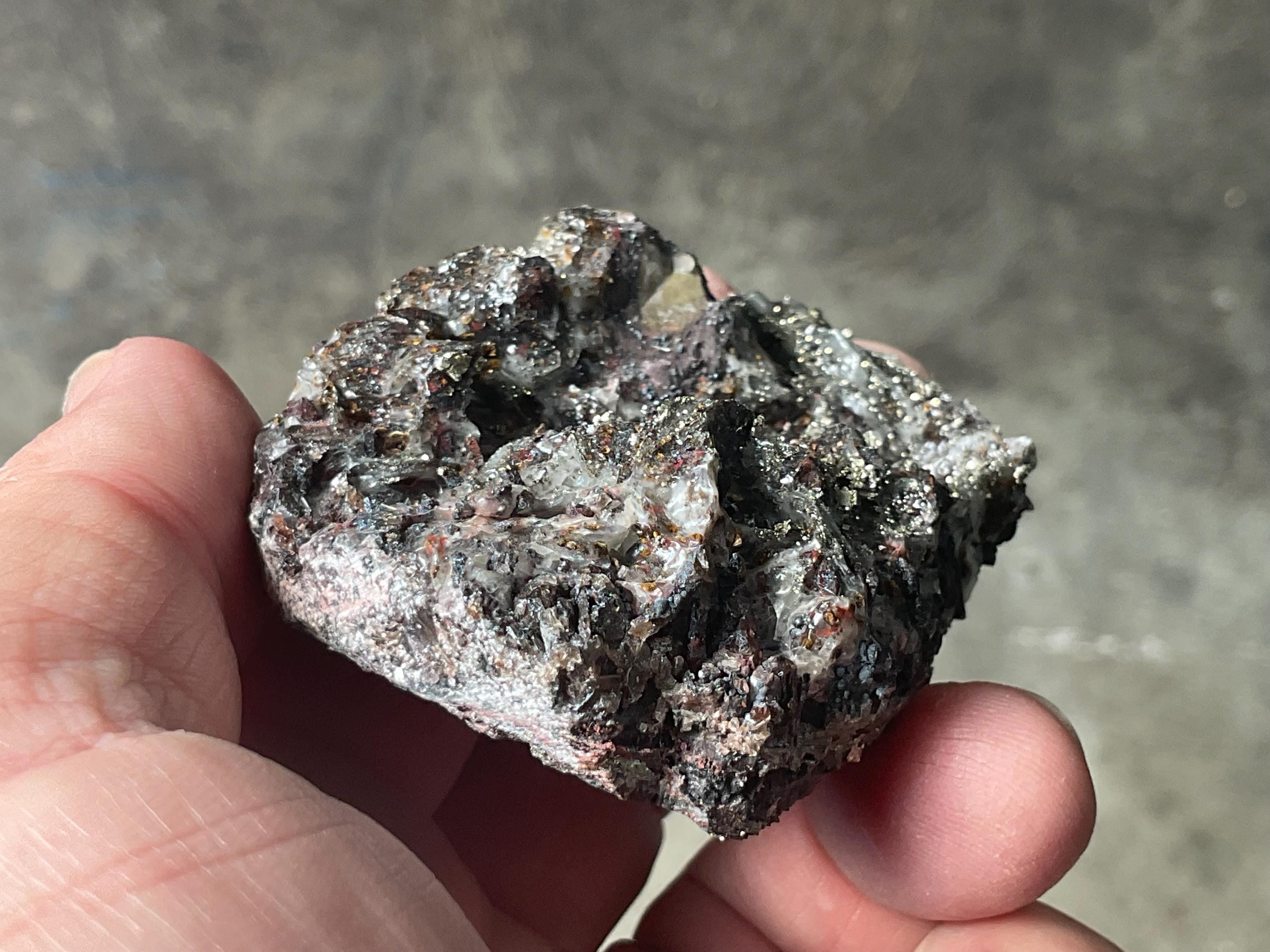 100g Pyrite encrusted Calcite on Limonite Quartz Specimen 4B from Fujian, China