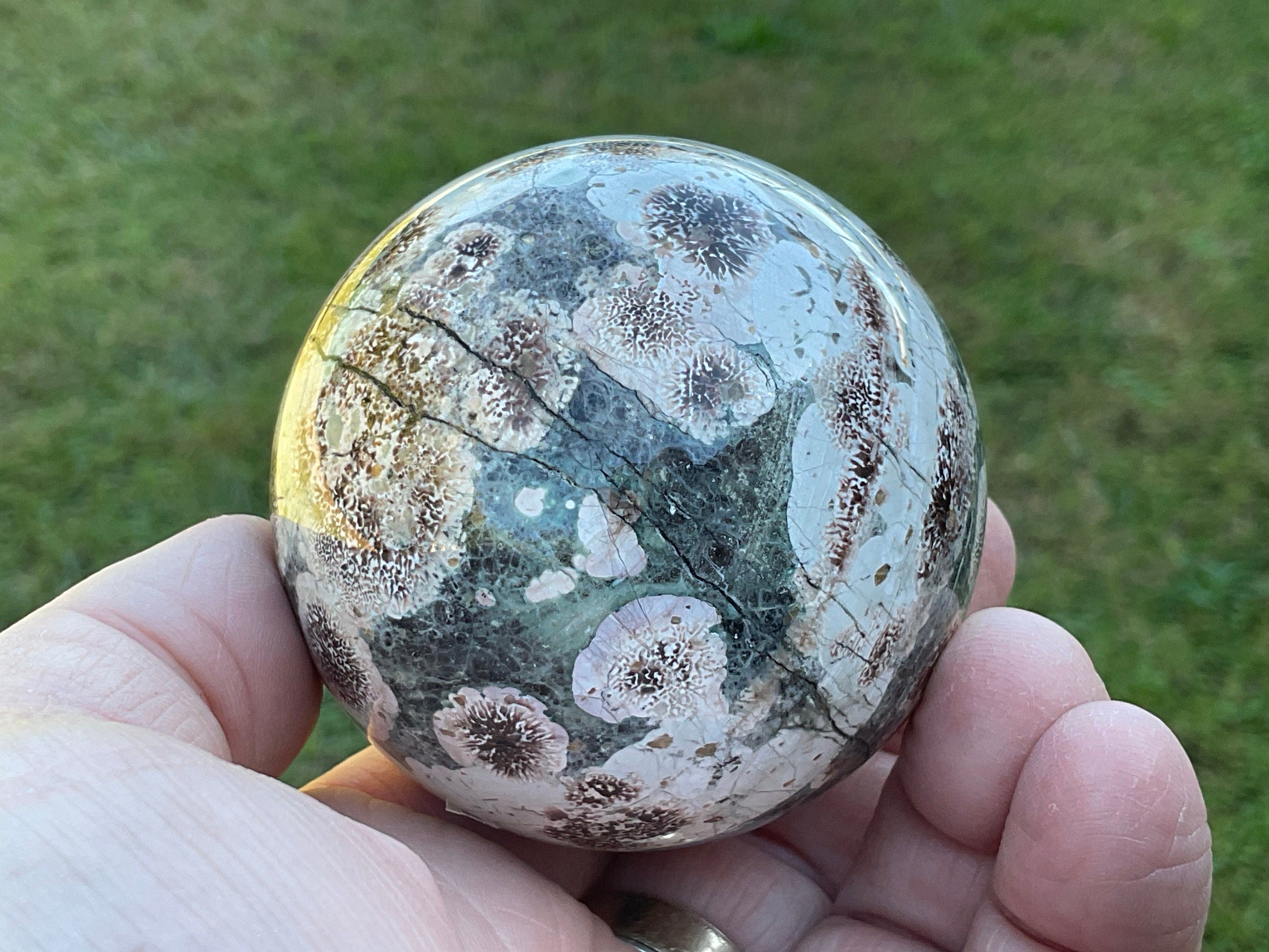 295g Green Cherry Blossom Jasper Sphere 7B