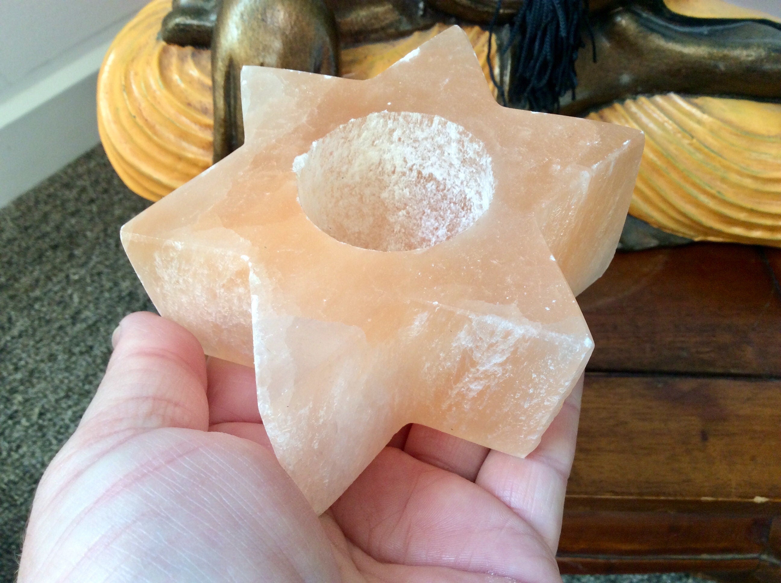 515g Orange/Peach Selenite Star Tea Light Candle Holder A