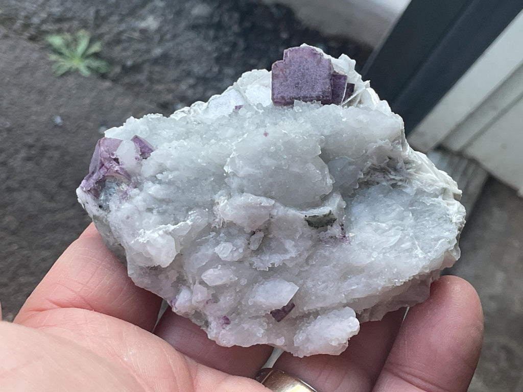 148g Cubic Purple Fluorite on Angel Wing Calcite and Quartz from Fujian, China