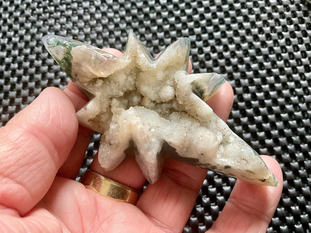 94g Moss Agate Polaris Carving with stand 1C