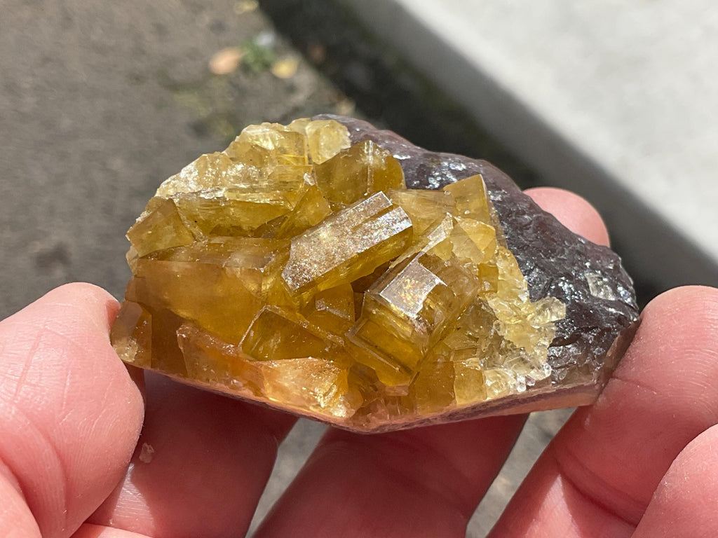 110g Tabular Golden Baryte on Botryoidal Fluorite Specimen 6A from Jiangxi