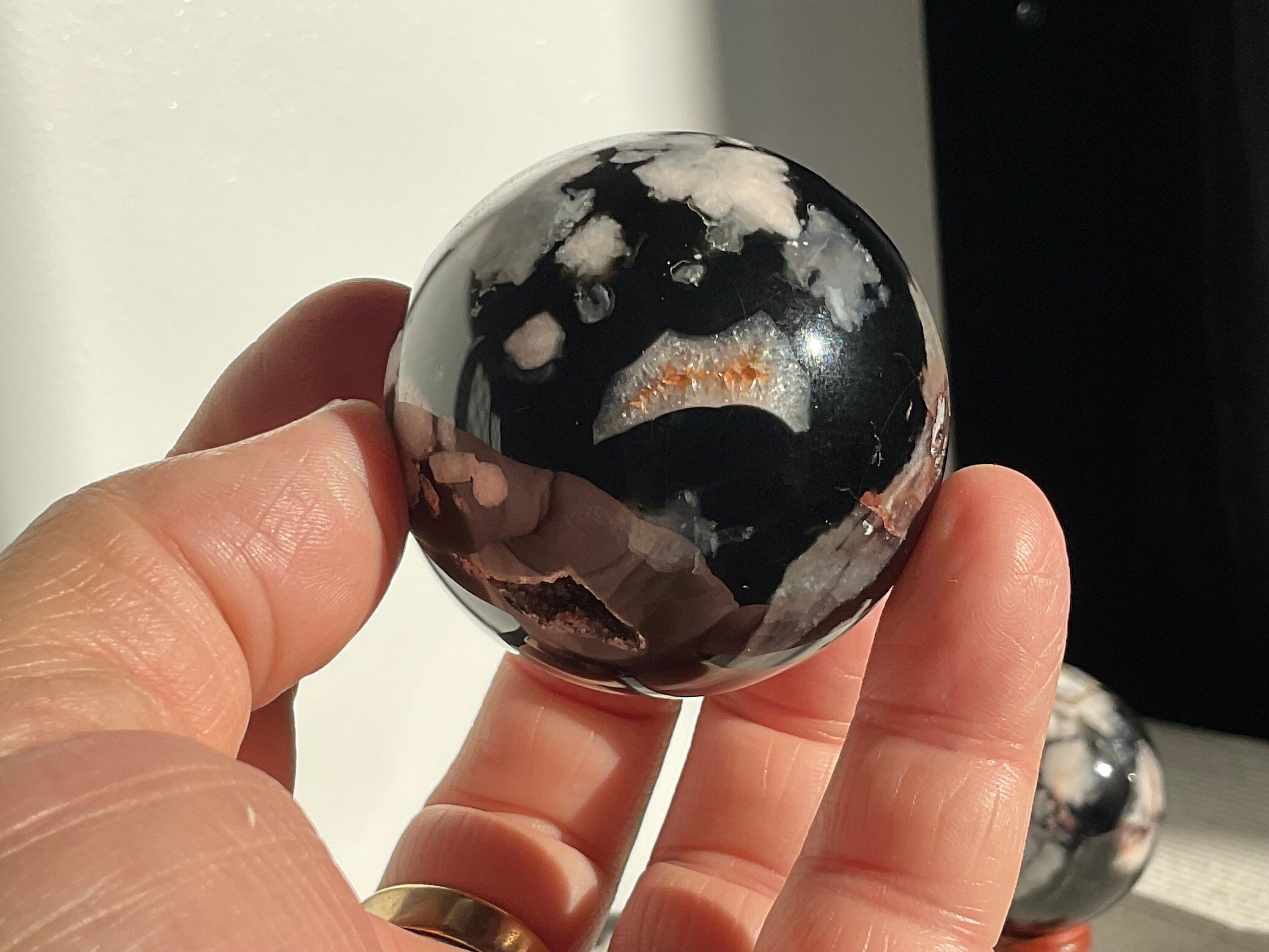 169g Black Flower Agate Sphere 2A