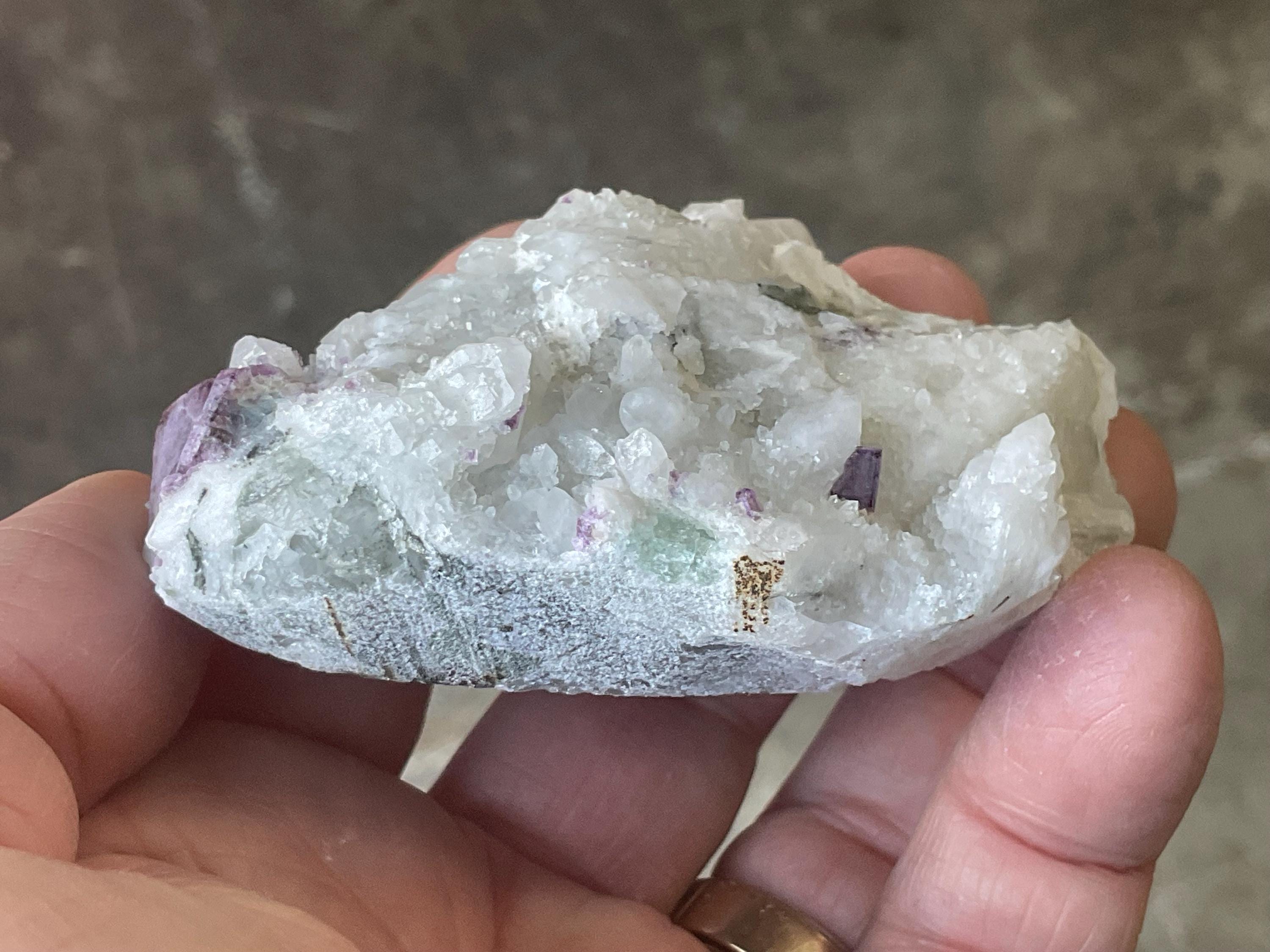 148g Cubic Purple Fluorite on Angel Wing Calcite and Quartz from Fujian, China