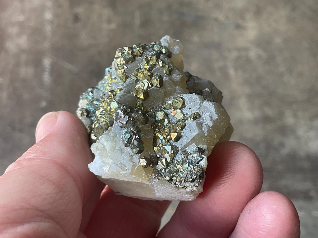 118g Iridescent Pyrite and Chalcopyrite on Stacked Calcite Specimen A from Inner Mongolia