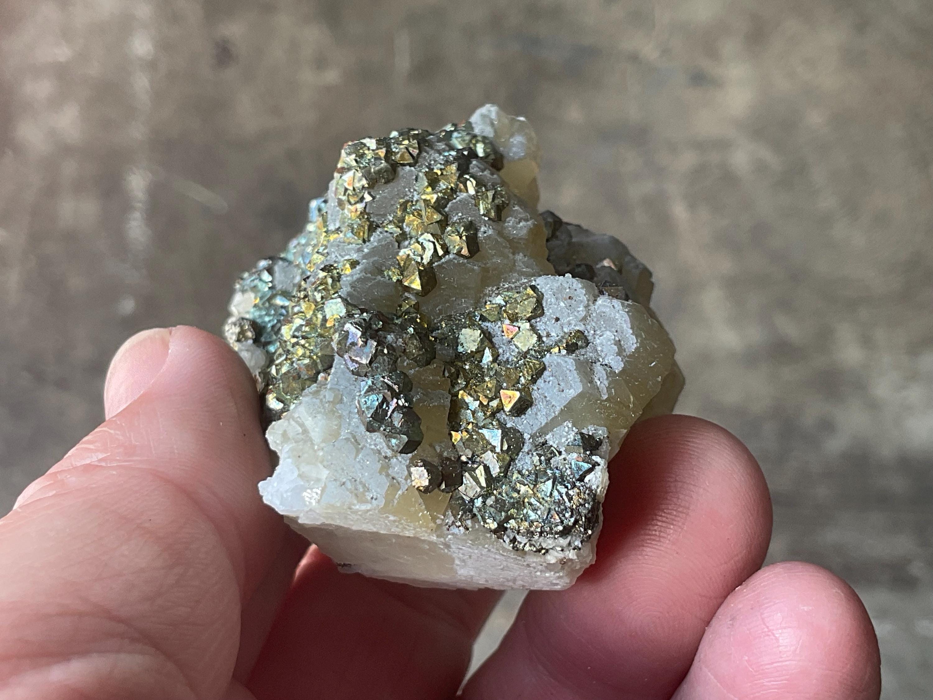 118g Iridescent Pyrite and Chalcopyrite on Stacked Calcite Specimen A from Inner Mongolia
