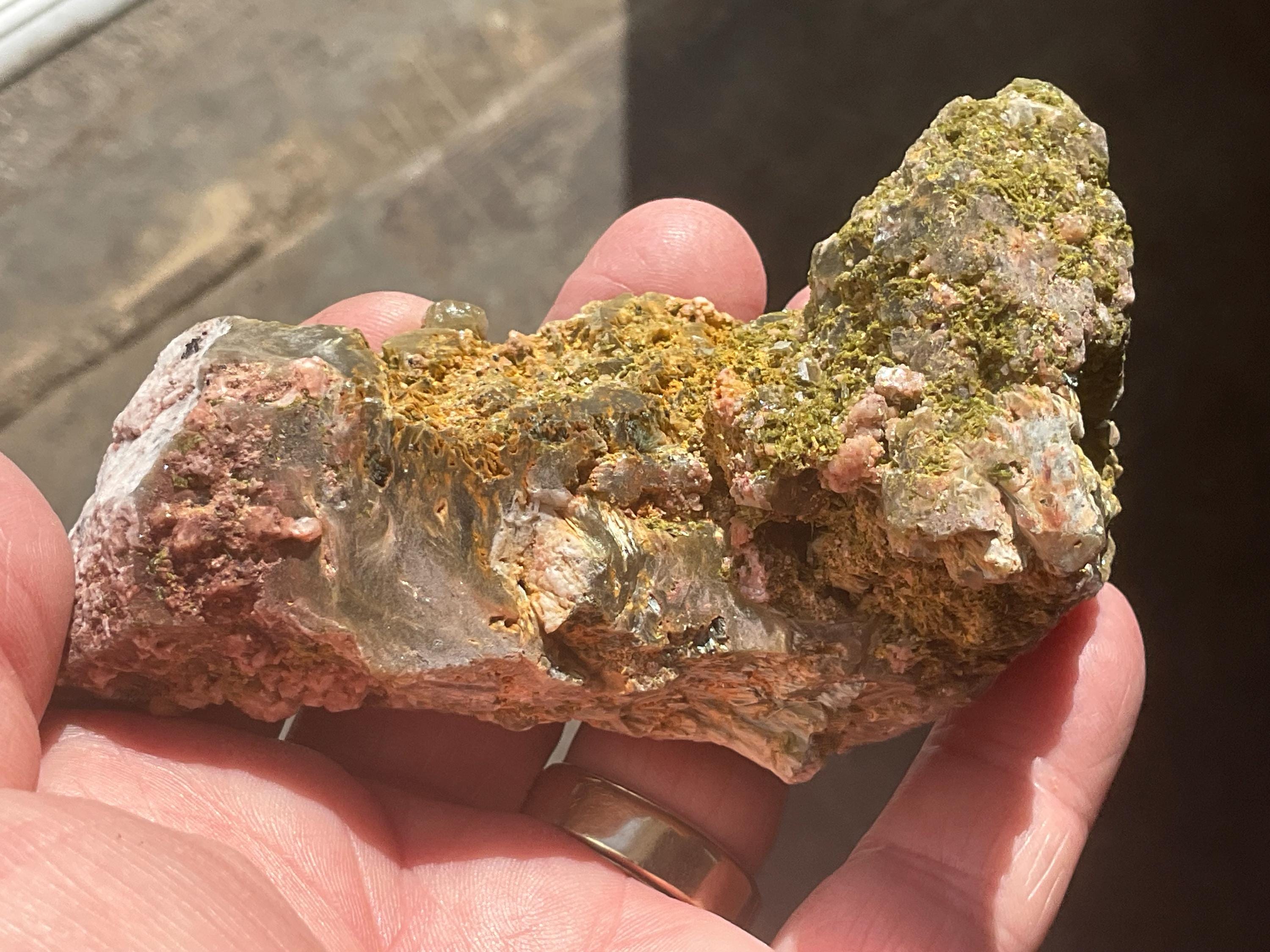188g Epidote and Pink Dolomite on Smokey Quartz Specimen C from Inner Mongolia