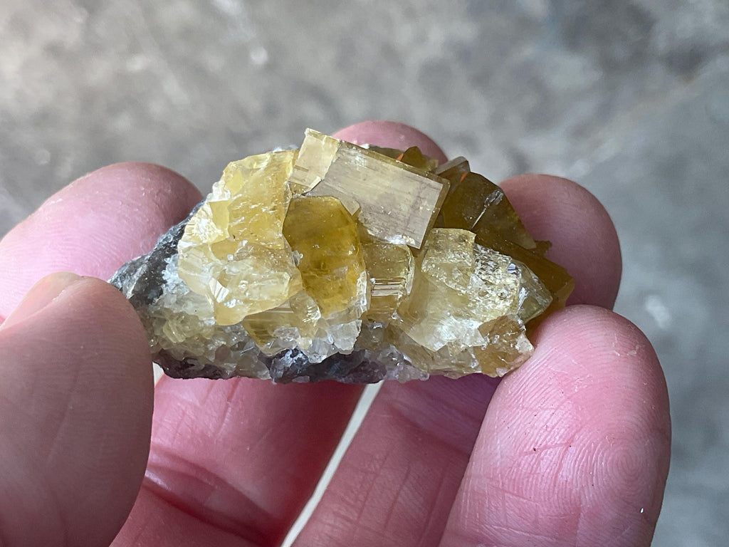 38g Tabular Golden Baryte on Botryoidal Fluorite Specimen 5A from Jiangxi