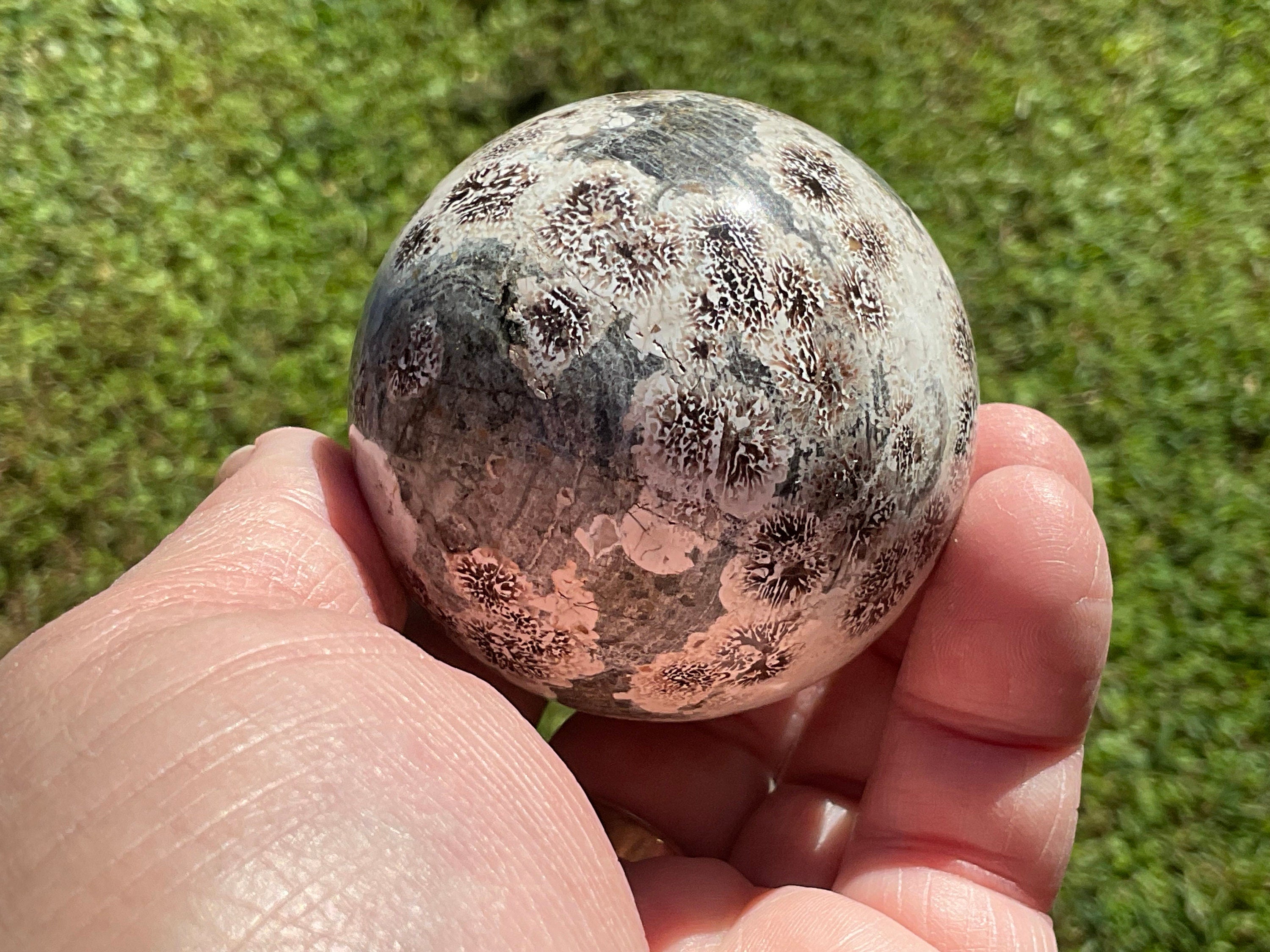 217g Green Cherry Blossom Jasper Sphere 3A