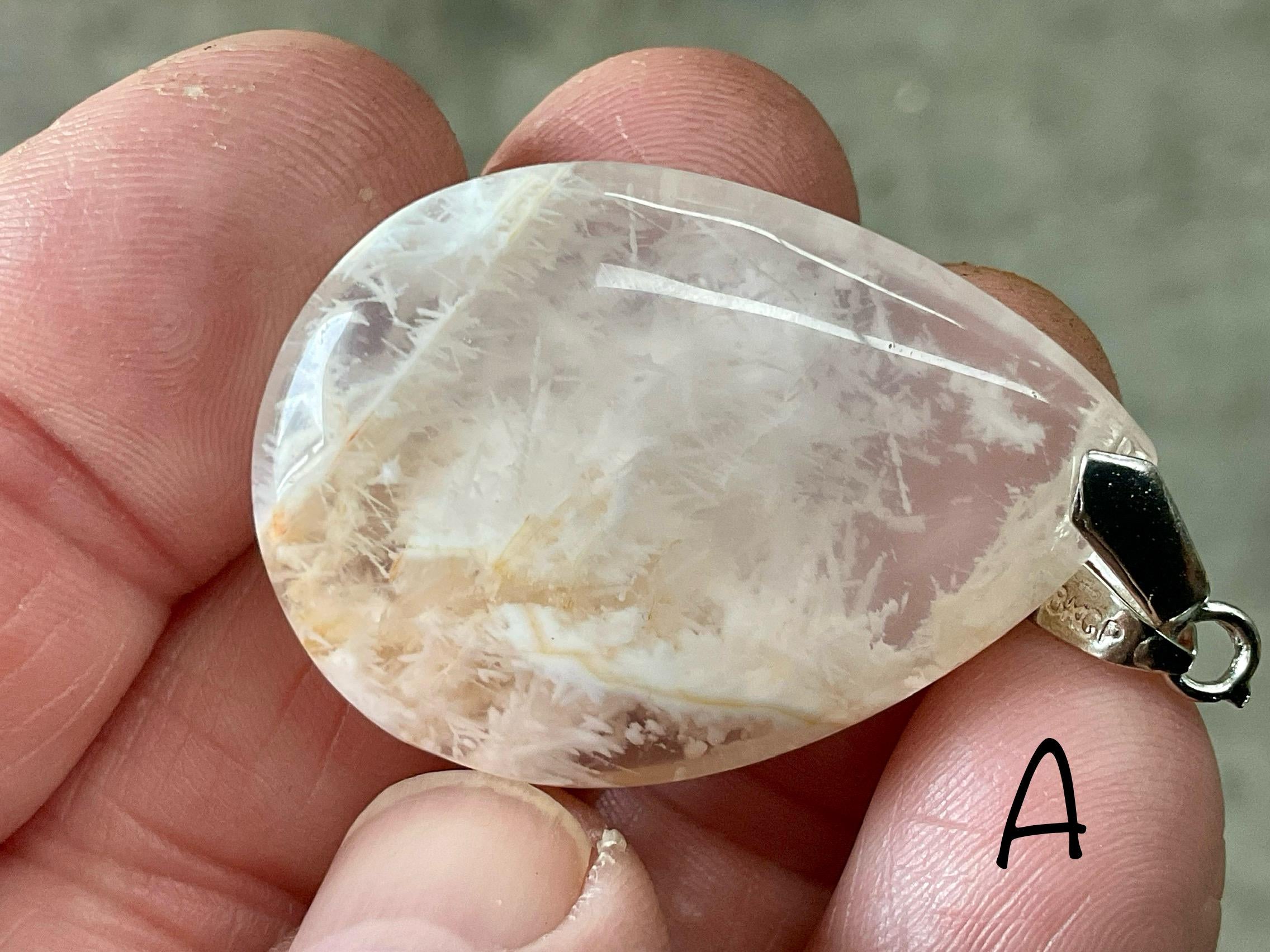 White Feather with Hematite Garden Quartz Pendant 2A