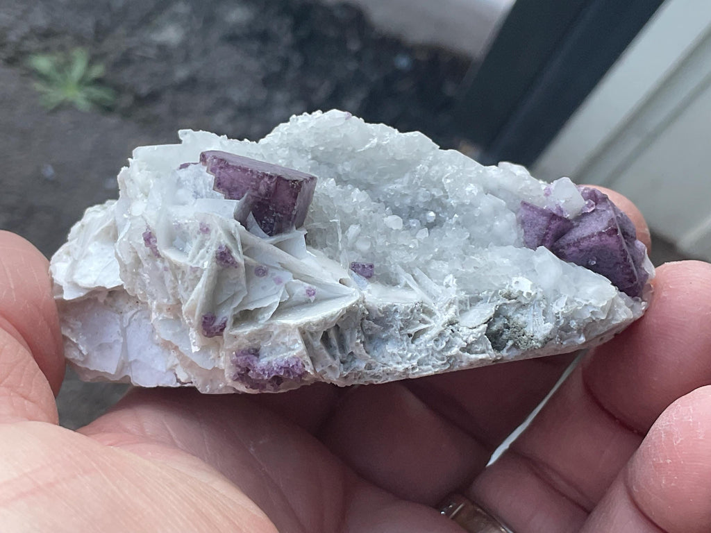 148g Cubic Purple Fluorite on Angel Wing Calcite and Quartz from Fujian, China