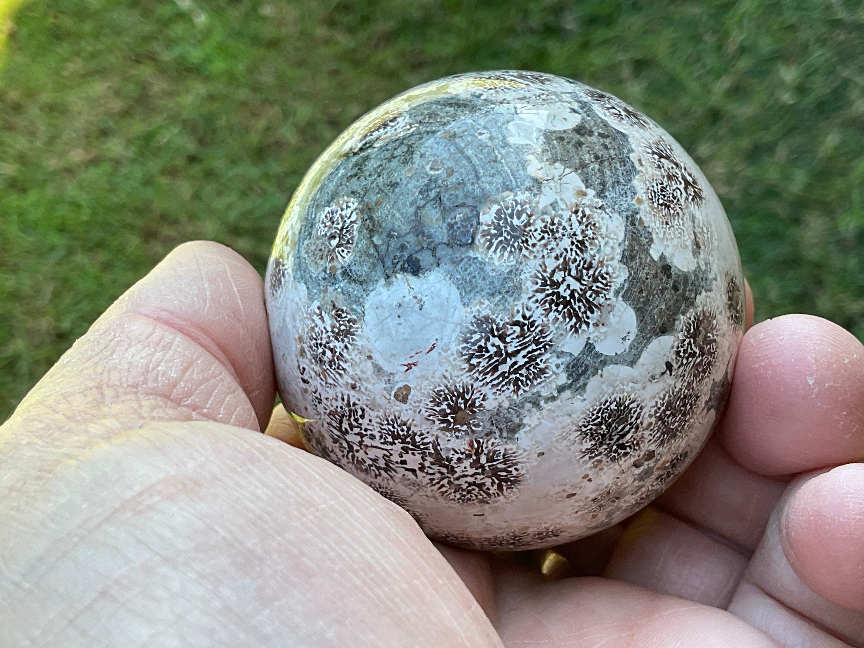 217g Green Cherry Blossom Jasper Sphere 3A