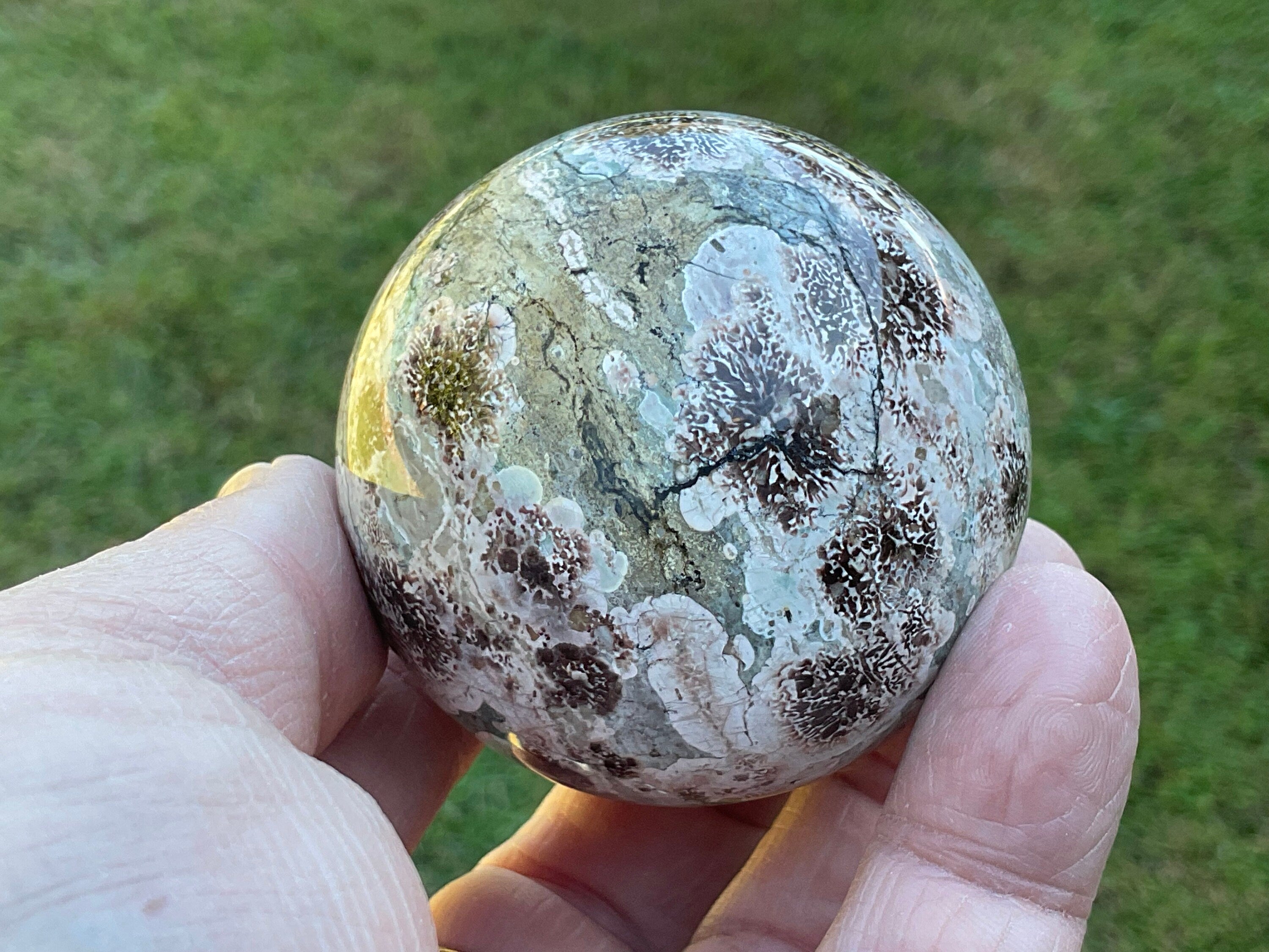 220g Green Cherry Blossom Jasper Sphere 5B