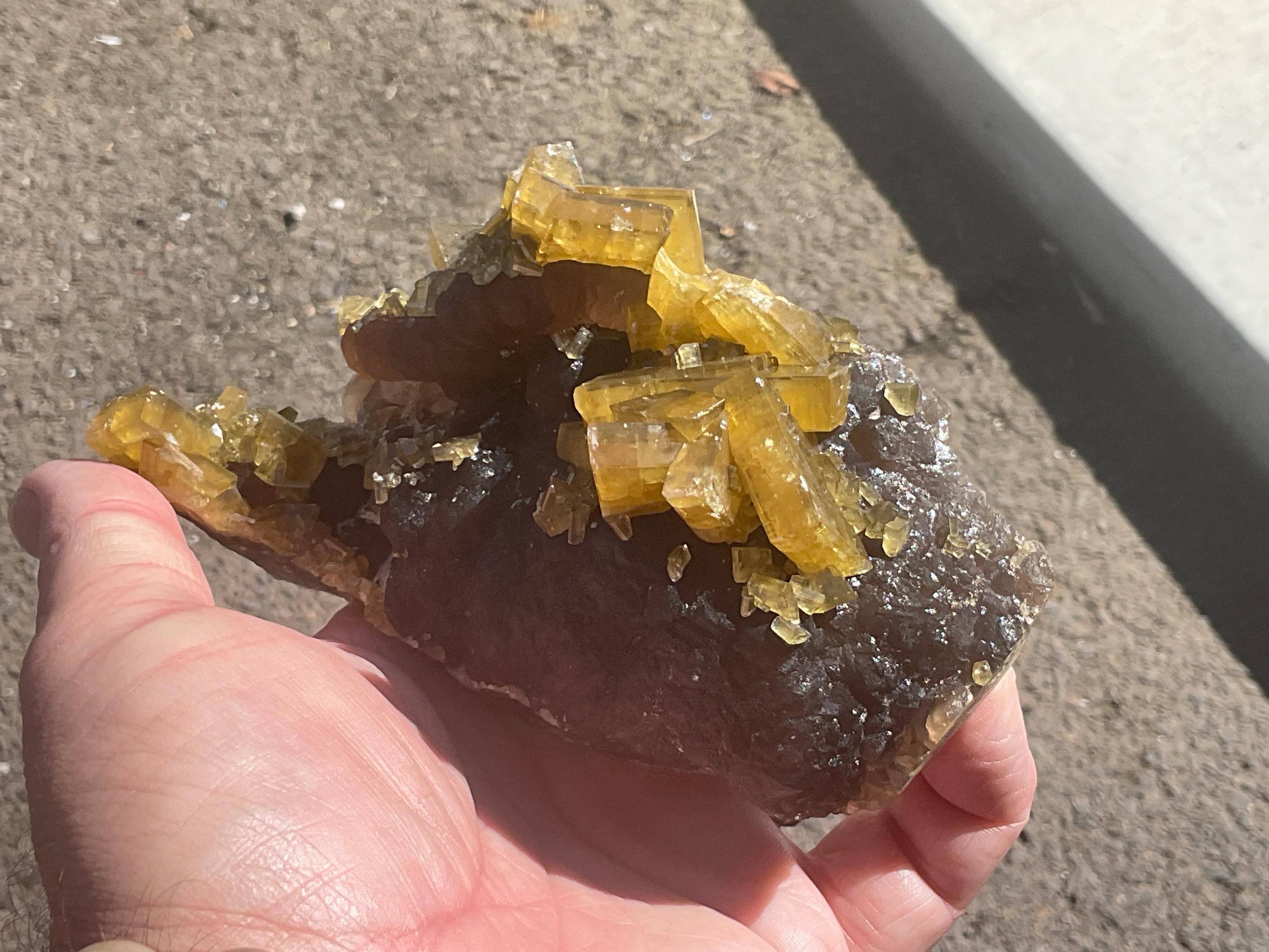 464g Tabular Golden Baryte on Botryoidal Fluorite Specimen 3C from Jiangxi