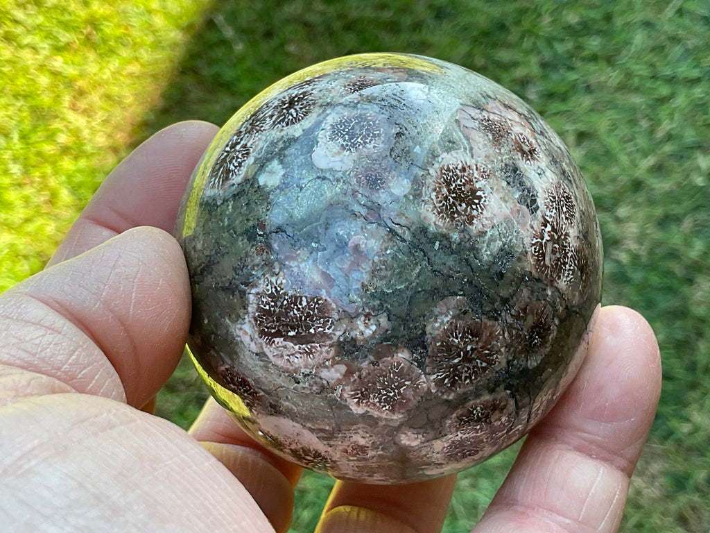 356g Green Cherry Blossom Jasper Sphere 4B