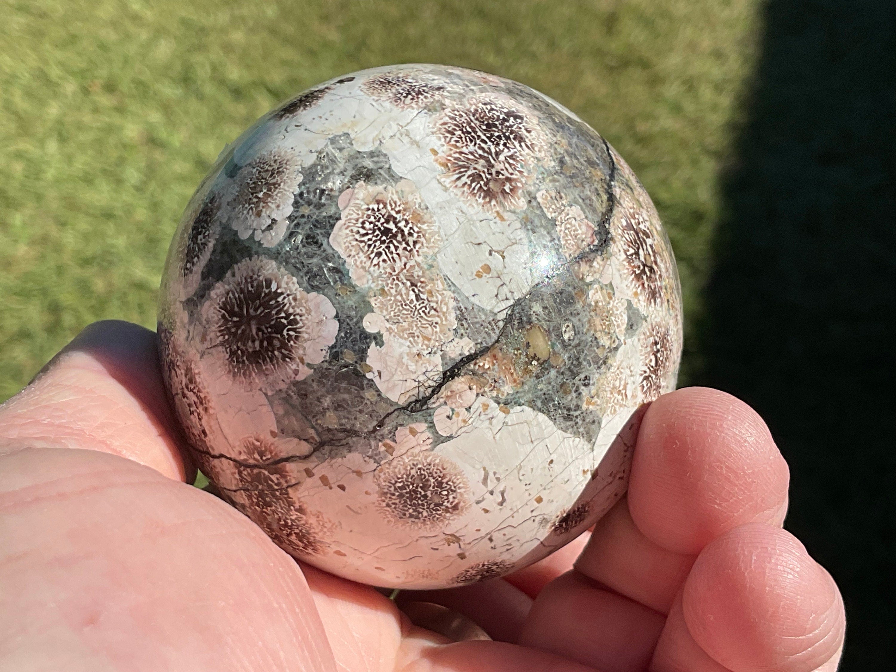 295g Green Cherry Blossom Jasper Sphere 7B