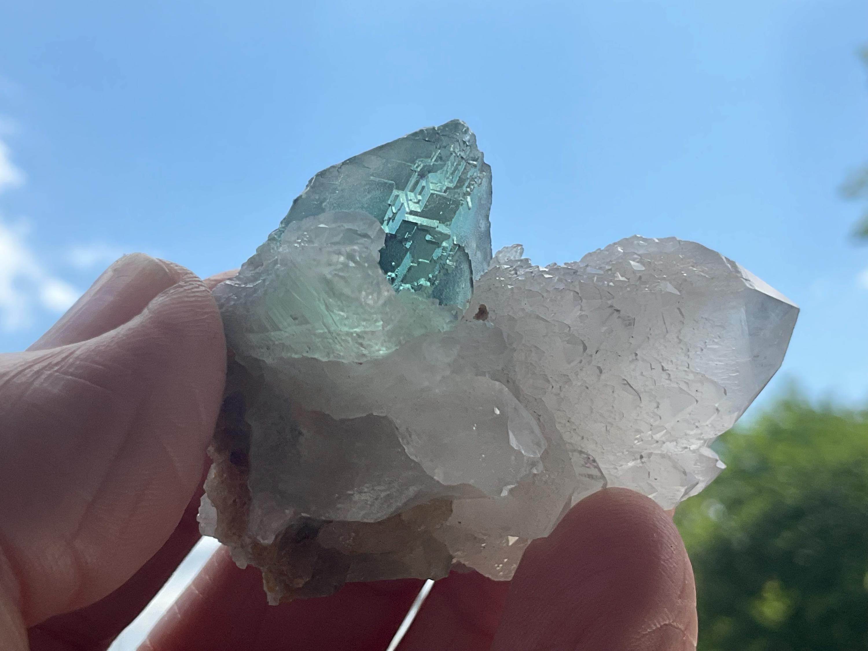 52g Etched Photochromic Fluorite on Clear Candle Quartz Cluster from the Erongo Mountains, Namibia