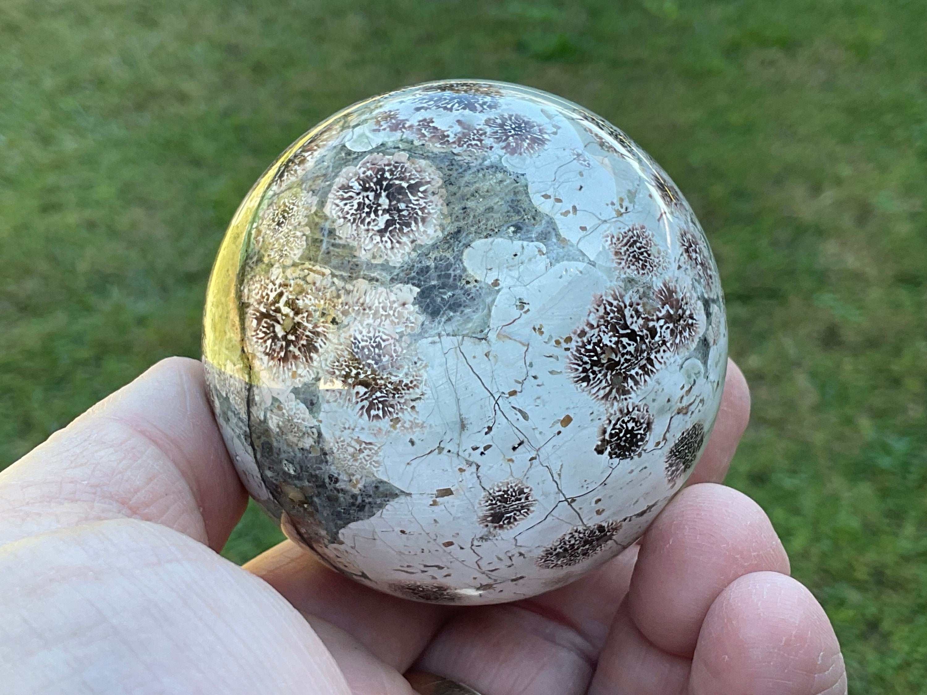 295g Green Cherry Blossom Jasper Sphere 7B