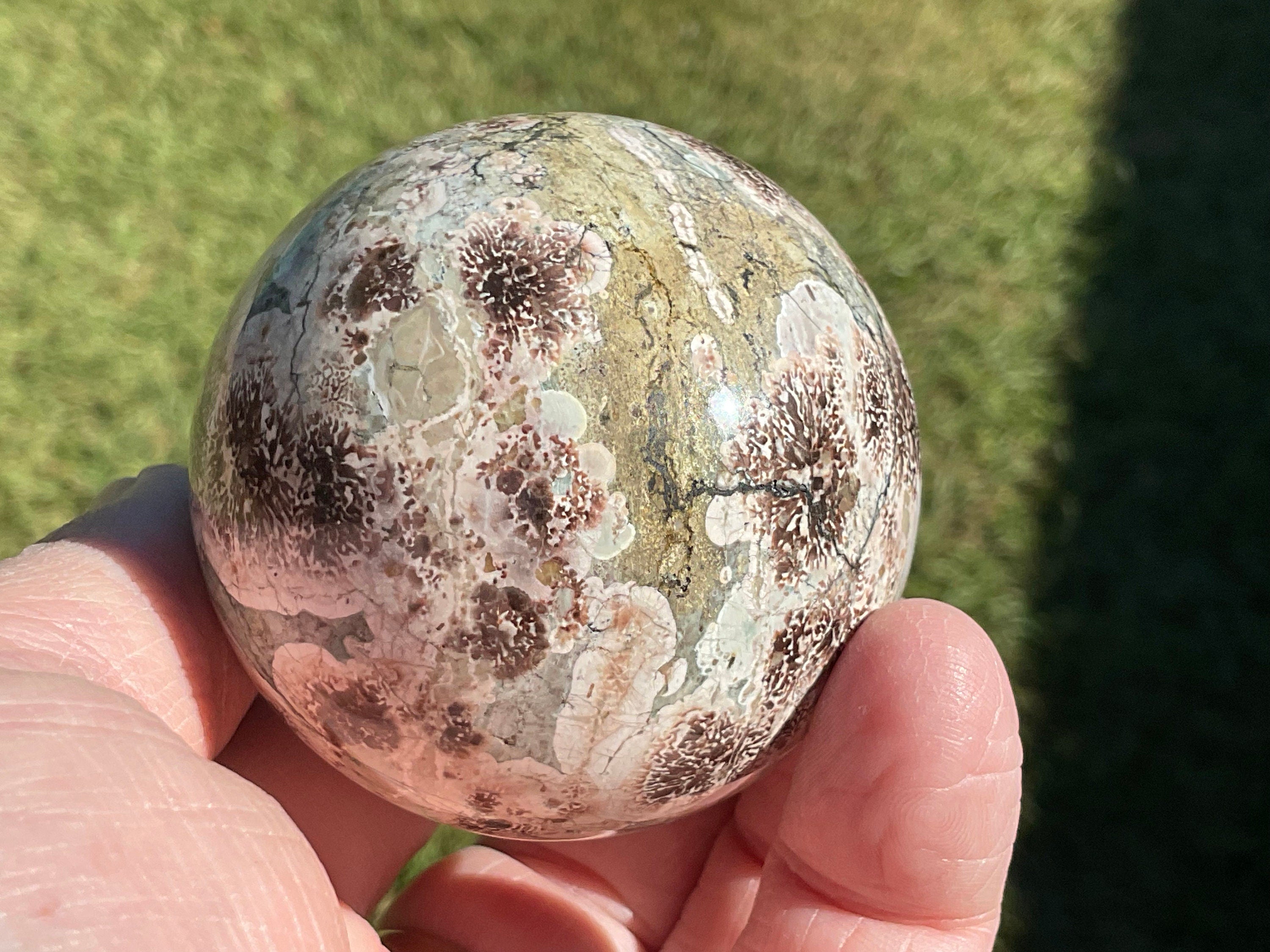 220g Green Cherry Blossom Jasper Sphere 5B