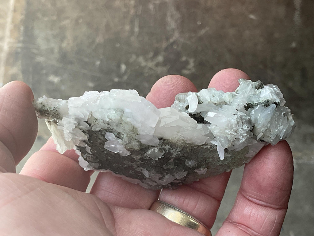 70g Hexagonal Flat Calcite on Chlorite Included Quartz Specimen A from Fujian, China