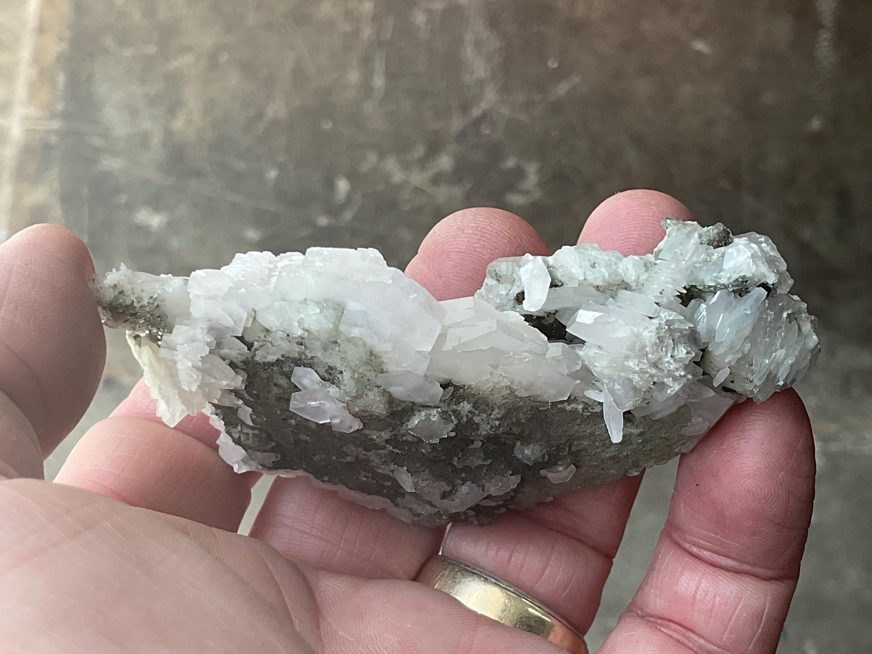 70g Hexagonal Flat Calcite on Chlorite Included Quartz Specimen A from Fujian, China