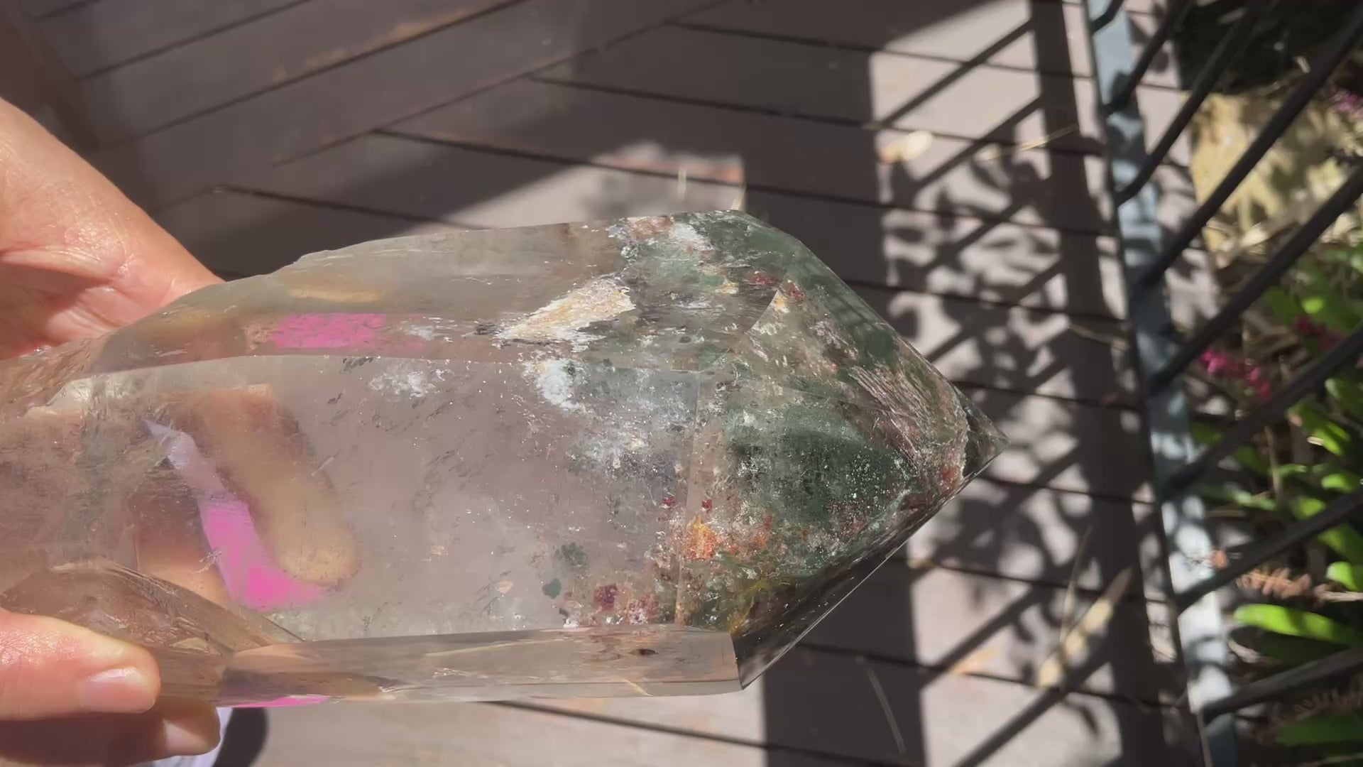 2788g XXL Garden Quartz Polished Point with custom wooden stand.